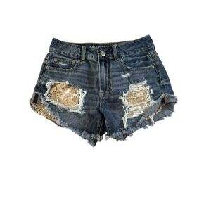 American Eagle Hi-Rise Festival Denim Shorts 4 Distressed Crochet Inset Boho